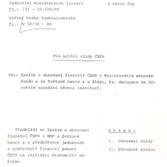Zpráva pro schůzi vlády ČSFR o obnovení členství v MMF (1990)