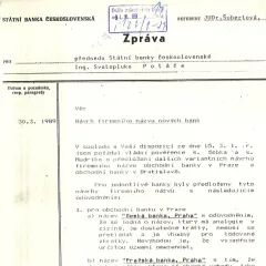 Zpráva pro předsedu banky ohledně názvu nových bank (1989)