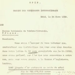 Telegram BIS ohledně převodu zlata (1939)