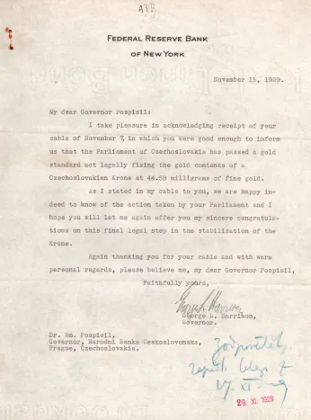 Gratulace FEDu k zavedení zlatého standardu v ČSR (1929)