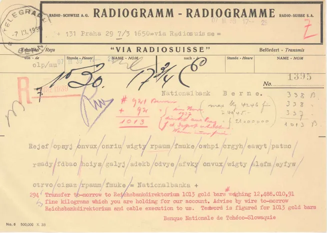Potvrzení o převodu zlata NBČ na Říšskou banku (1939)