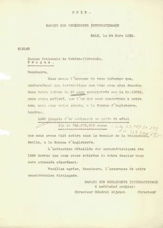 Telegram BIS ohledně převodu zlata (1939)